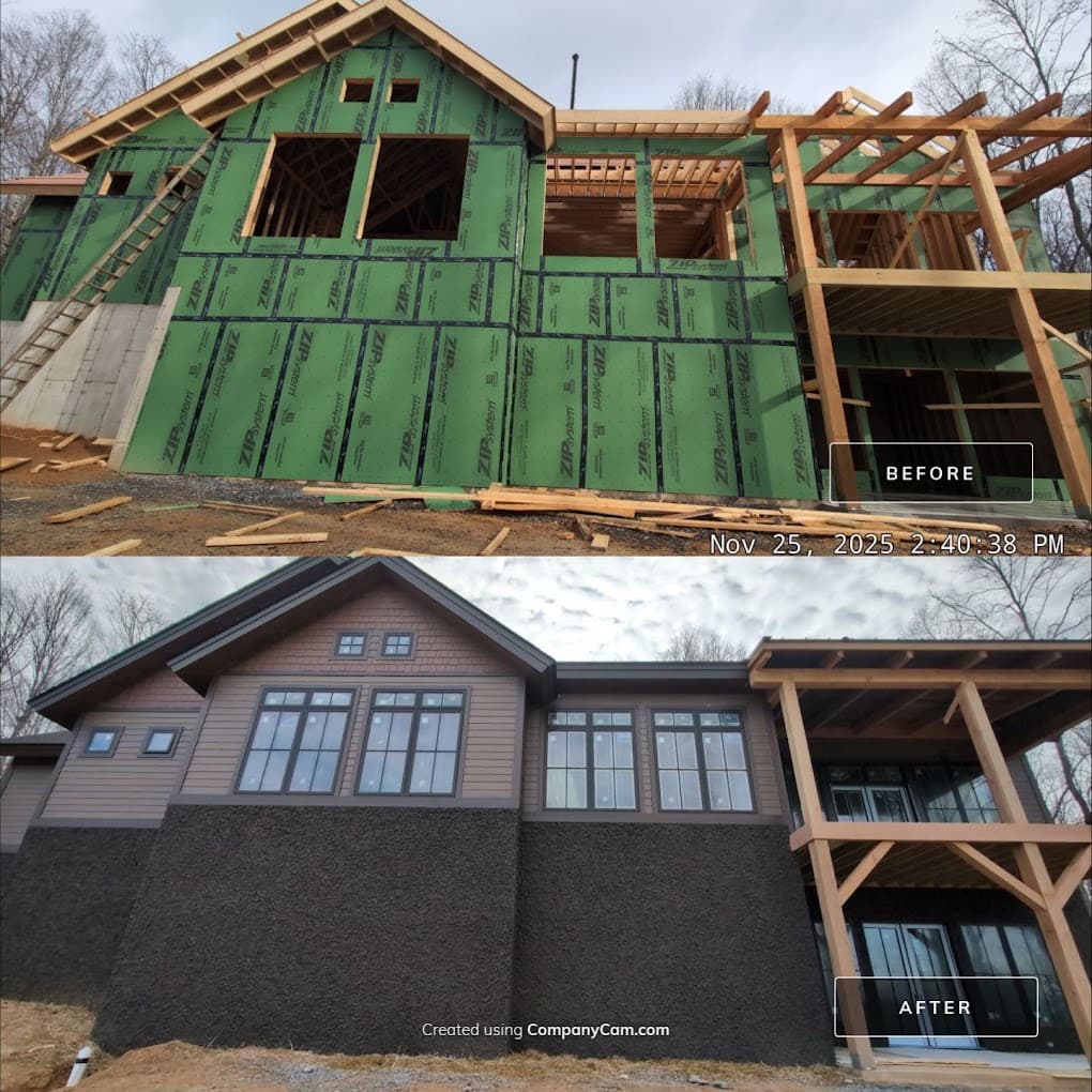 Two stacked photos labeled before and after: taped green ZIP System sheathing on a framed two-story house, then the same house finished in two-tone lap siding with a dark textured skirt at the foundation.