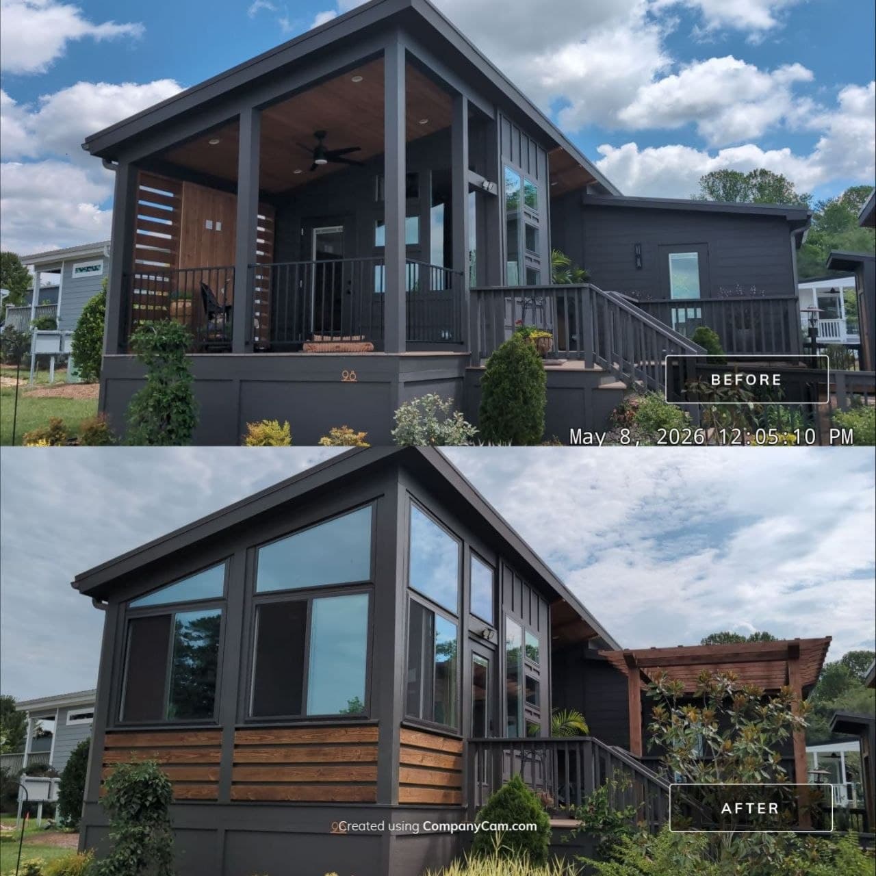 Two stacked photos labeled before and after: an open covered porch with a wood ceiling and railing, then the same structure enclosed with glass walls and a horizontal wood-clad band along the bottom third.